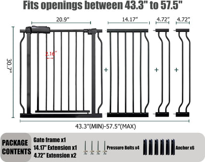 Extra Wide Baby Gate, 52.7-57.5 Inch, Large Walk Through, Black Metal, Pressure Mounted, Long Safety Dog Gate for House Doorways & Stairs