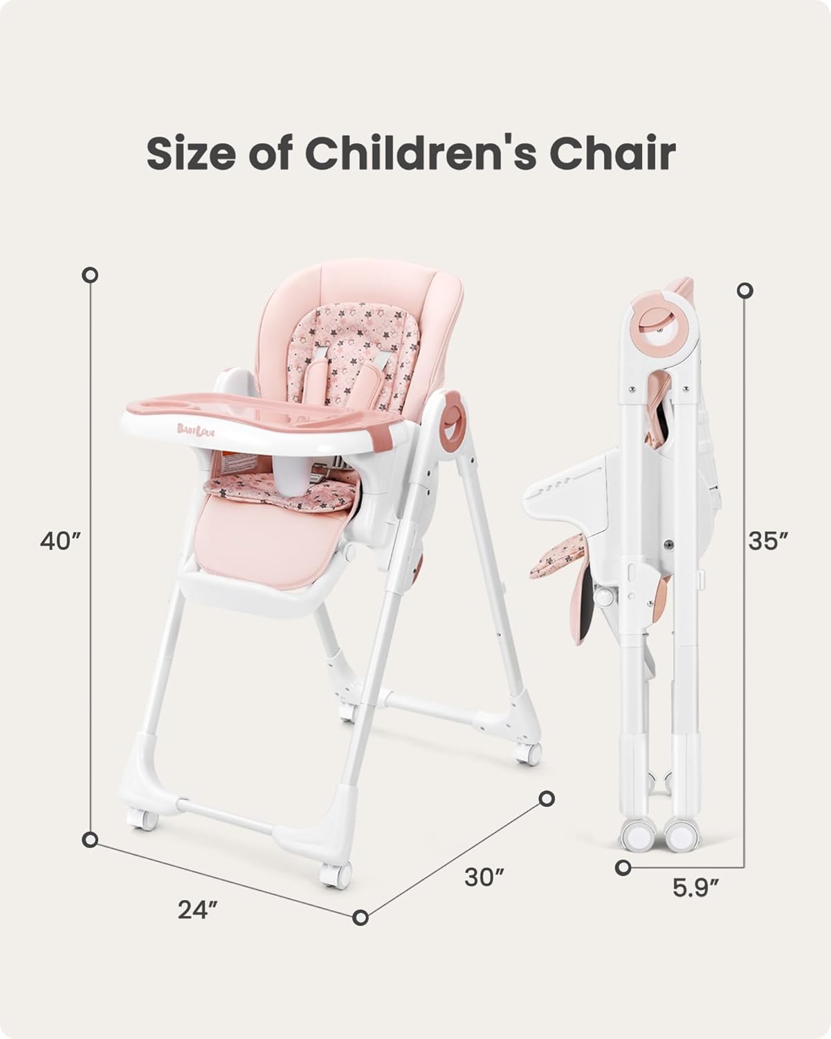 Foldable High Chair with Soft Cushion, High Chairs for Babies and Toddlers, Height Adjustable