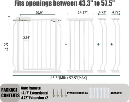 Extra Wide Baby Gate, 52.7-57.5 Inch, Large Walk Through, White Metal, Pressure Mounted, Long Safety Dog Gate for House Doorways & Stairs, 30 Inch Tall
