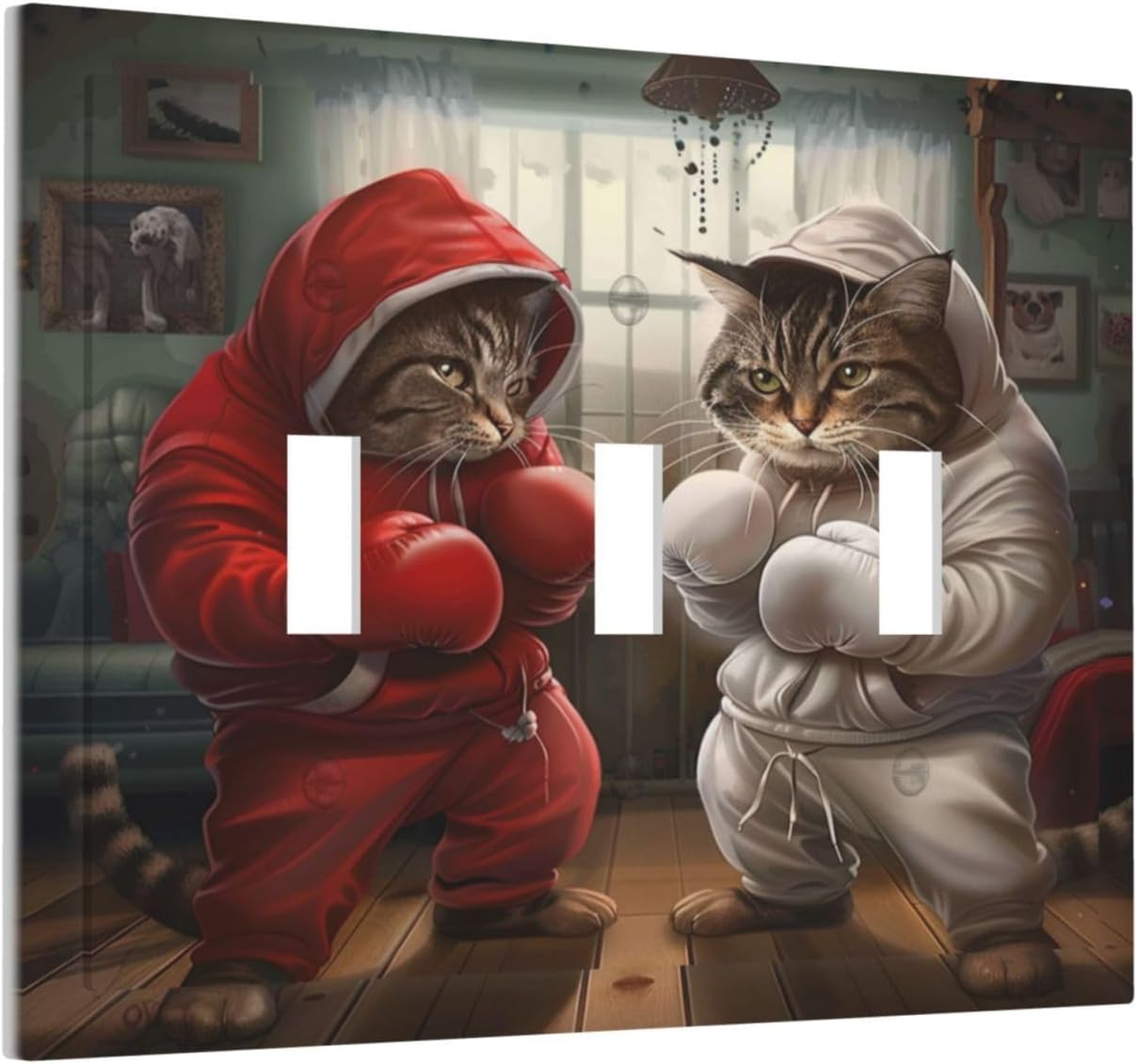 Decorative Switch Covers Plate Funny Red Boxing Cats White Tomcat 3 Gang Artistic Wall Plate Unique Triple Toggle Light Switch Plate Jumbo Faceplate for Bedroom Home Decor