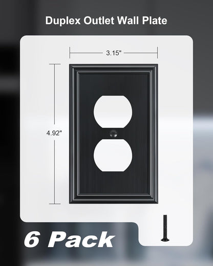 6-Pack Single Duplex Outlet Cover Plate, Decorative Black Switch Plates and Outlet Covers, Metal Wall Plates for Electrical Outlets, 1 Gang Receptacle Cover, Corrosion Resistant