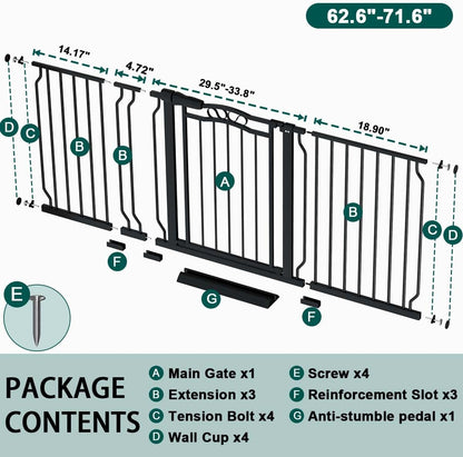 Fairy Baby 62.5"-71.6" Extra Wide Long Pet Dog Gate for The House, Baby Safety Child Gate for Stairs Doorways Garden, Pressure Mounted Toddler Gate, Metal Auto Close Large Pet Gate Walk Thru, Black