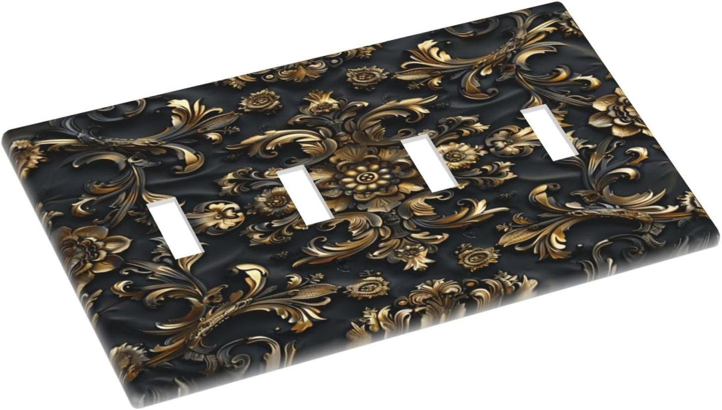 Decorative Switch Covers Plate Rococo Vintage Black Golden Leaf Morris Vine 4 Gang Artistic Wall Plate Unique Quad Toggle Light Switch Plate Jumbo Faceplate for Bedroom Home Decor