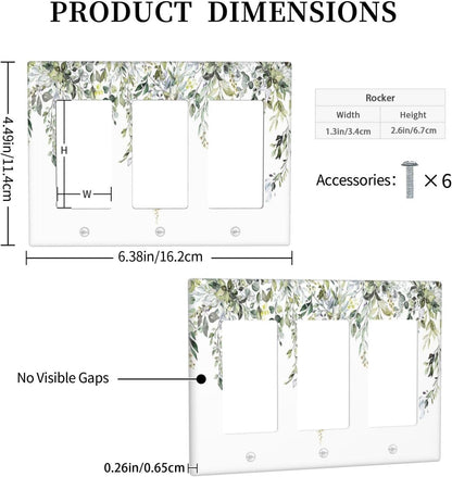 Light Switch Covers Boho Farmhouse Flower Leaf Sage Green 3 Gang Rocker Electrical GFCI Decorative Triple Outlet Wall Plate Cover Switchplate for Bedroom Cabin Decor