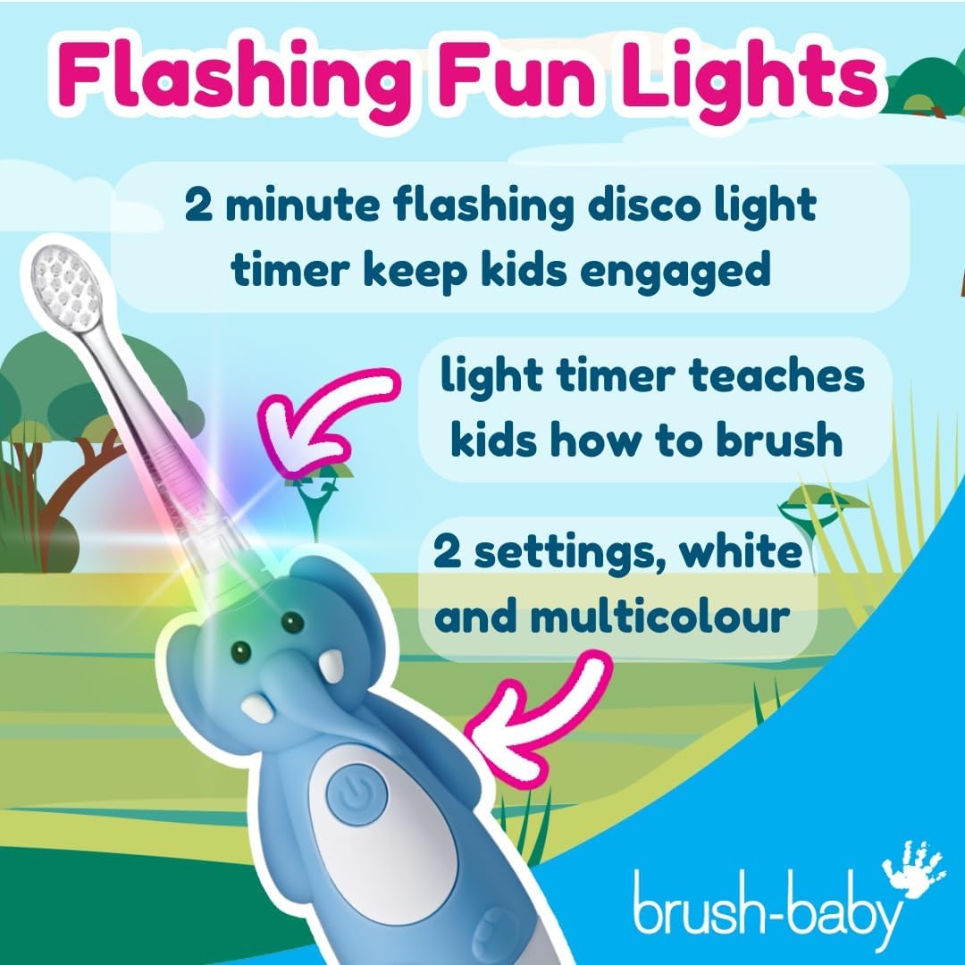 brush-baby WildOnes Kids Electric Rechargeable Toothbrush Elephant, 1 Handle, 3 Brush Heads, USB
