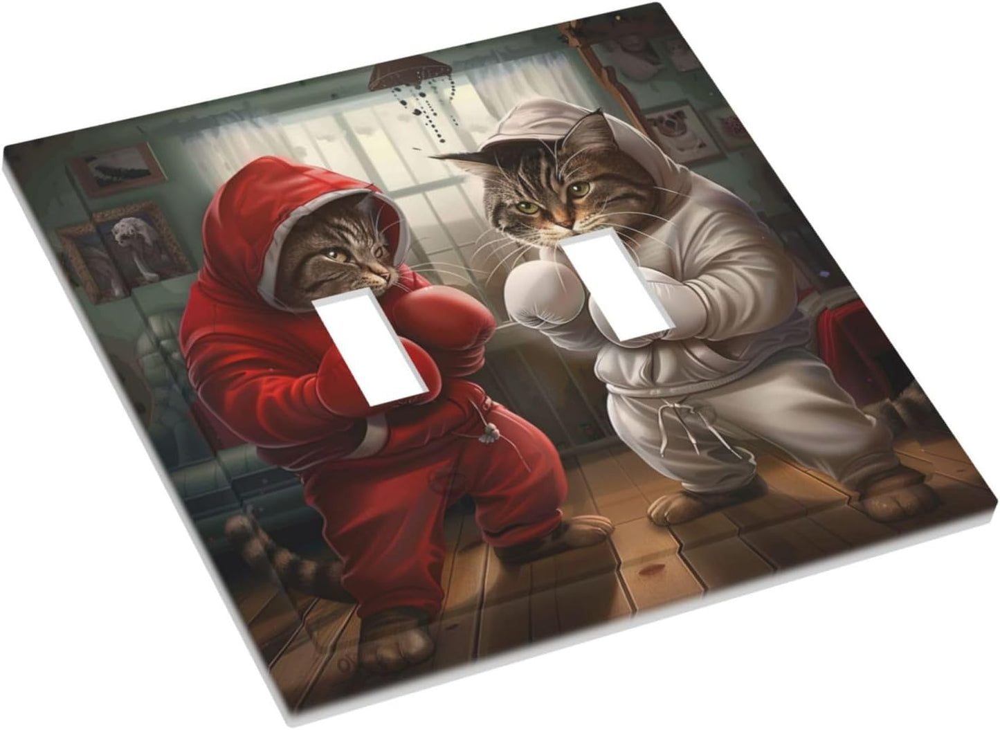 Decorative Switch Covers Plate Funny Red Boxing Cats White Tomcat 2 Gang Wall Plate Unique Double Toggle Light Switch Plate Wall Cover Plate Faceplate for Bedroom Home Decor