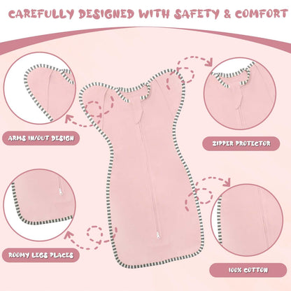 Transition Swaddle 3-6 Months Sleep Sack Arms up Swaddle, 2-Pack Baby Swaddles 3-6 Months Sleeping Sack with 2-Way Zipper Arms In/Out 100% Cotton 0.8 Tog Baby Sleep Swaddles for Girl (Medium 14-20lbs)