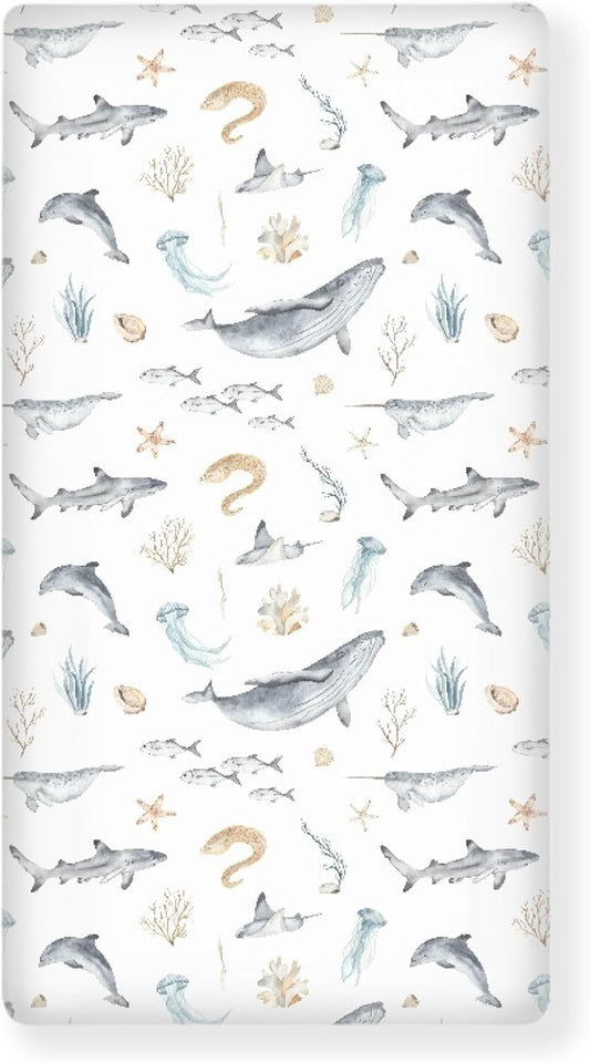 Underwater World Whale Fitted Crib Sheet Ocean Animals Baby Crib Sheet Fit Standard Crib and Toddler Mattress,Crib Mattress Sheets for Boys Girls 28"x52"
