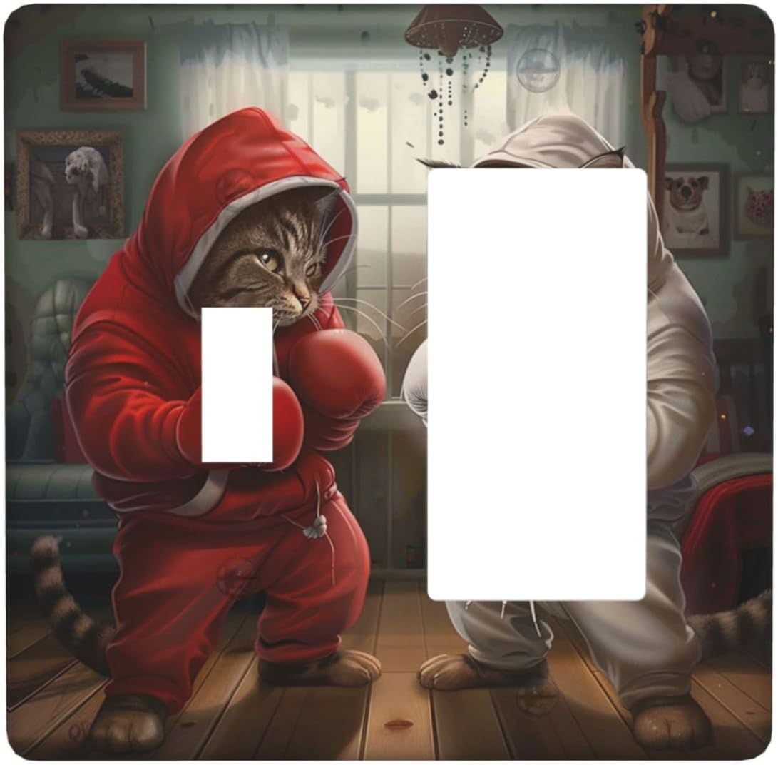 Decorative Outlet Covers Funny Red Boxing Cats White Tomcat 2 Gang 1 Gang Wall Plate Cover Single Toggle Rocker Combo Light Switch Cover Plate Face Plate for Bedroom Home Decor