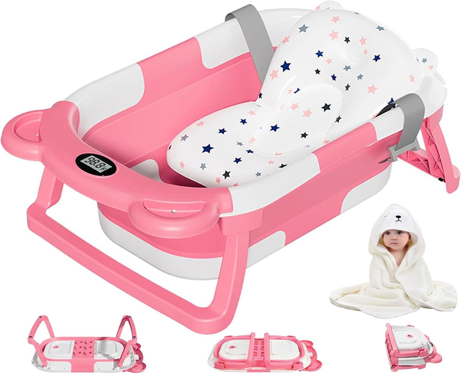 MoreFeel Collapsible Baby Bathtub for Newborn with Thermometer & 1 Hooded Towel & 1 Soft Floating