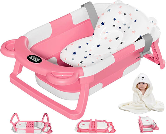 MoreFeel Collapsible Baby Bathtub for Newborn with Thermometer & 1 Hooded Towel & 1 Soft Floating