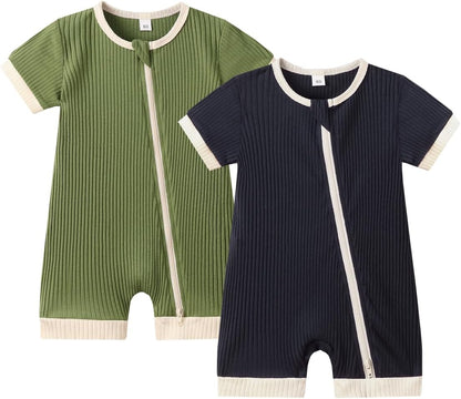 Bafeicao Unisex Baby Boy Girl 2 Pack Rompers Short Sleeve 2 Way Zipper One Piece Jumpsuits Clothes Sets