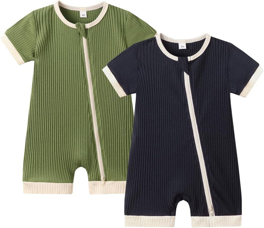 Bafeicao Unisex Baby Boy Girl 2 Pack Rompers Short Sleeve 2 Way Zipper One Piece Jumpsuits Clothes Sets
