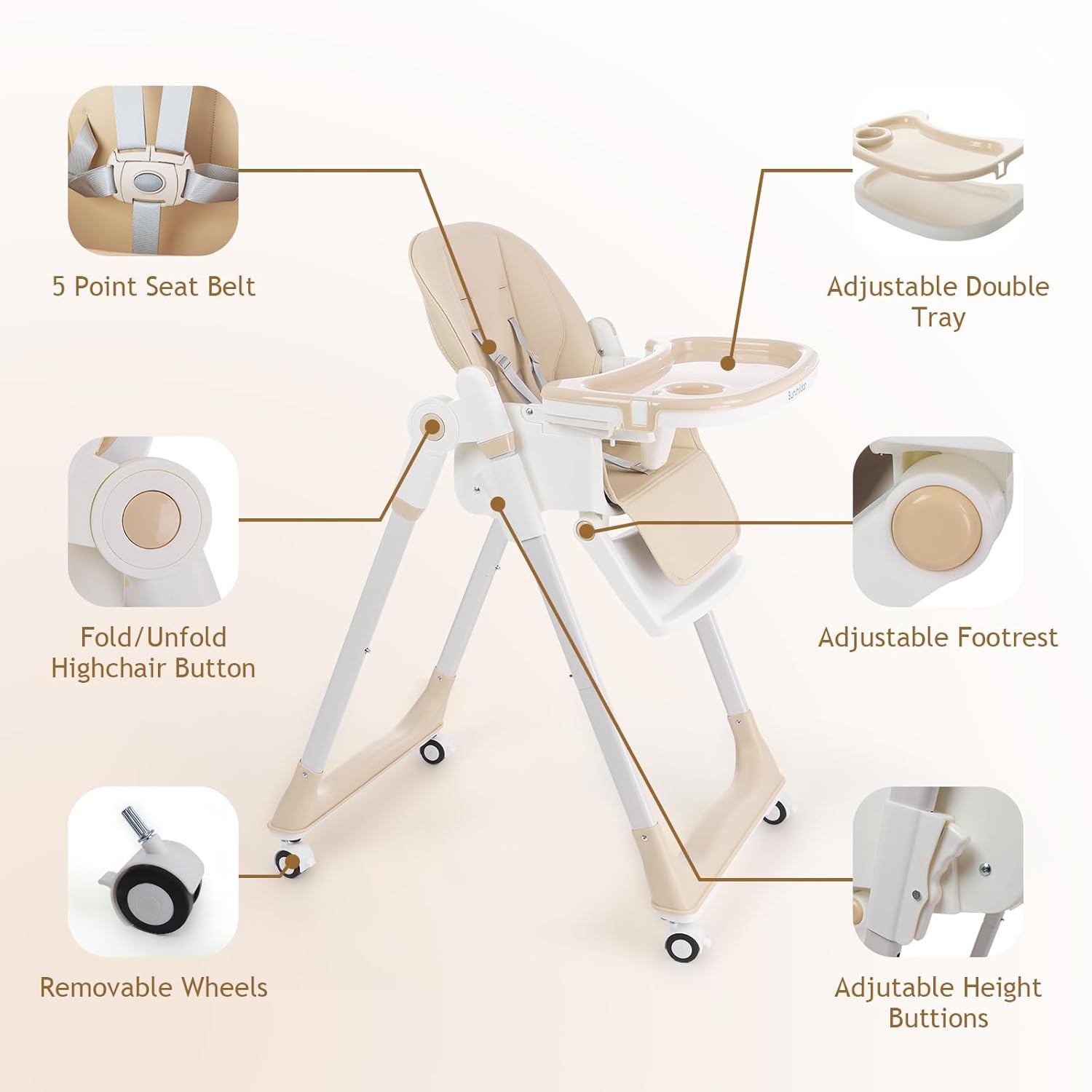3 in 1 Baby High Chair with Wheels, Adjustable 5 Point Harness, Tray, Foot Rest, Backrest and Seat