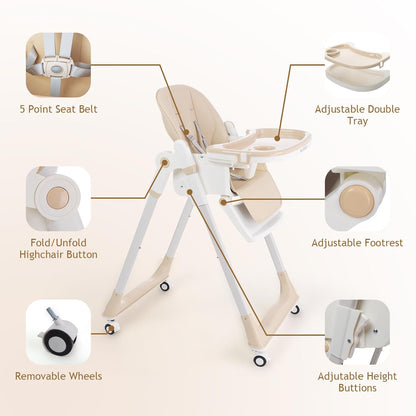 3 in 1 Baby High Chair with Wheels, Adjustable 5 Point Harness, Tray, Foot Rest, Backrest and Seat