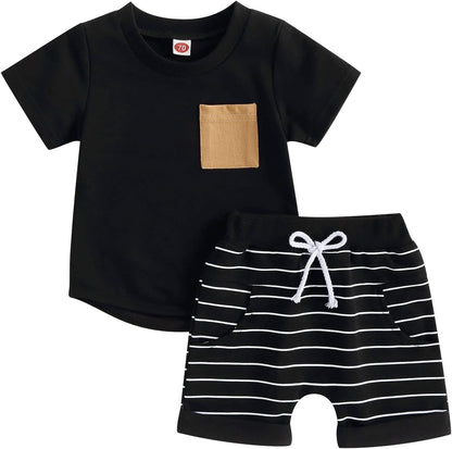 fhutpw Baby Toddler Boy Clothes Summer Outfits 6 12 18 24 Months Patchwork Short Sleeve T Shirt & Shorts Sets with Pockets