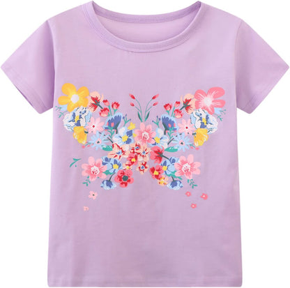 HILEELANG Girls' Tees Ruffle Short Sleeve T-Shirt Cotton Casual Graphic Summer Crewneck Tunic Tops