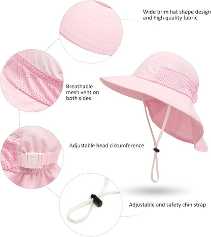 CHUNG Baby Sun Protection Hat Summer Toddler Adjustable UPF 50+ Wide Brim Neck Flap Beach Caps Boys Girls 1-12 Years Kids
