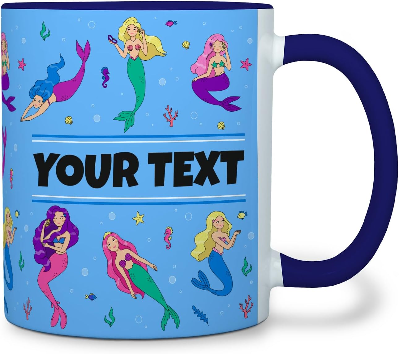 Personalized Mug for Kids - Mermaids - Custom Name/Text, Ceramic Hot Chocolate/Cocoa/Coffee Cup for Girls, Birthday/Christmas/Holiday Gift - 11 oz, Navy Blue Handle