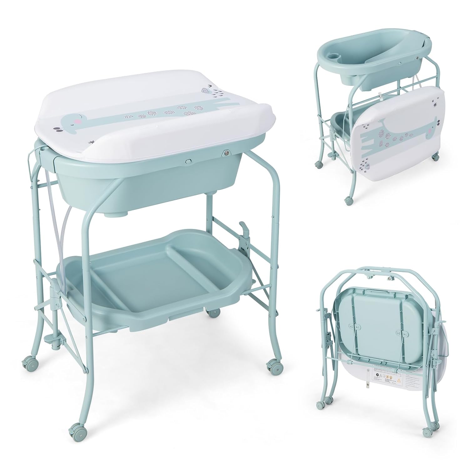HONEY JOY Baby Changing Table with Bathtub, Foldable Infant Diaper Changing Station with Wheels