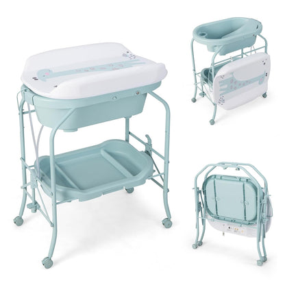 HONEY JOY Baby Changing Table with Bathtub, Foldable Infant Diaper Changing Station with Wheels