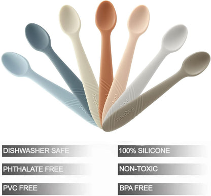 PandaEar 7 Pack Silicone Baby Feeding Spoons, First Stage Training Spoon Infant Utensils Feeding Supplies, BPA Free Gum-Friendly Soft Tip Baby Led Weaning Spoon