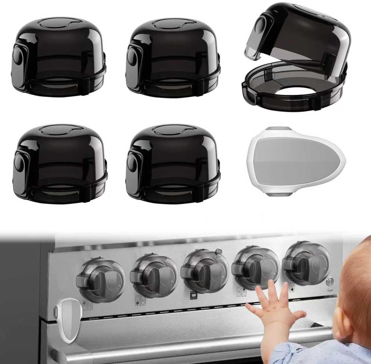 Stove Knob Safety Covers for Child Baby Proofing Kitchen Universal Size Gas Knob Covers Clear View Childproof Oven Knob Covers for Kids and Pets (5packs +1locks)