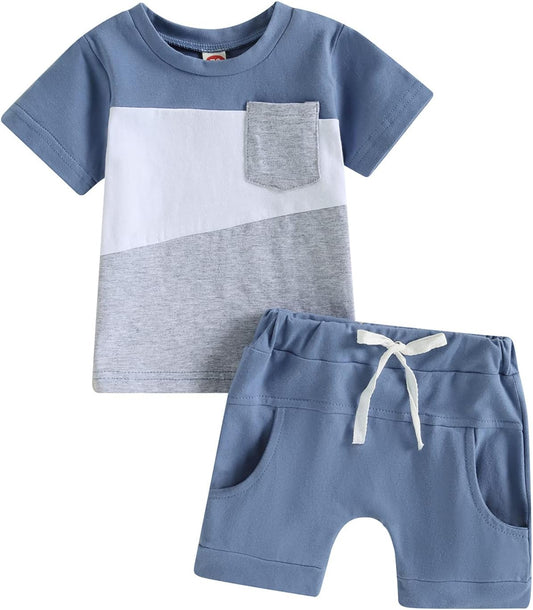 fhutpw Baby Toddler Boy Clothes Summer Outfits 6 12 18 24 Months Patchwork Short Sleeve T Shirt & Shorts Sets with Pockets