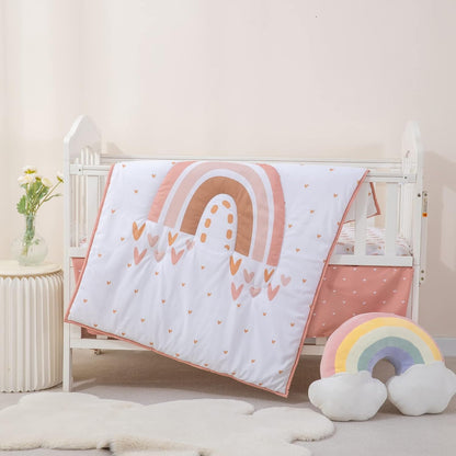 3 Piece Rainbow Boho Crib Bedding Set - Standard Size Nursery Bedding for Boys and Girls with Crib