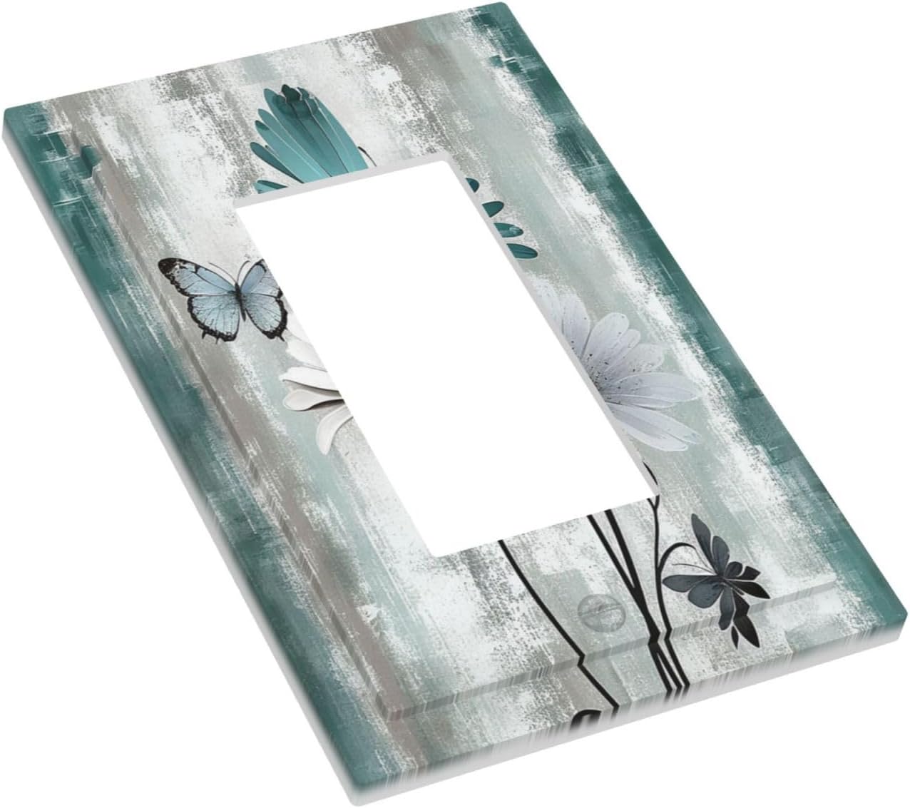 Decorative Outlet Covers Rustic Teal Daisy Floral Flowers Butterfly Wood Grain 1 Gang Single Rocker Light Switch Cover Plate Wall Plates GFCI Faceplate for Bathroom Bedroom Decor