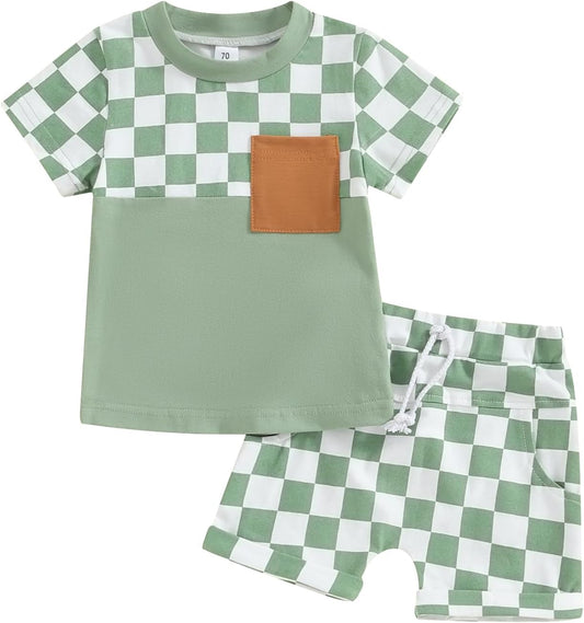 fhutpw Baby Toddler Boy Clothes Summer Outfits 6 12 18 24 Months Patchwork Short Sleeve T Shirt & Shorts Sets with Pockets