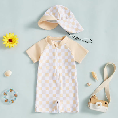 MAYUMMPY Baby Boys Girls Swimwear Casual Zipper One Pieces Rash Guard Swimsuit and Hat Beachwear Bathing Suit