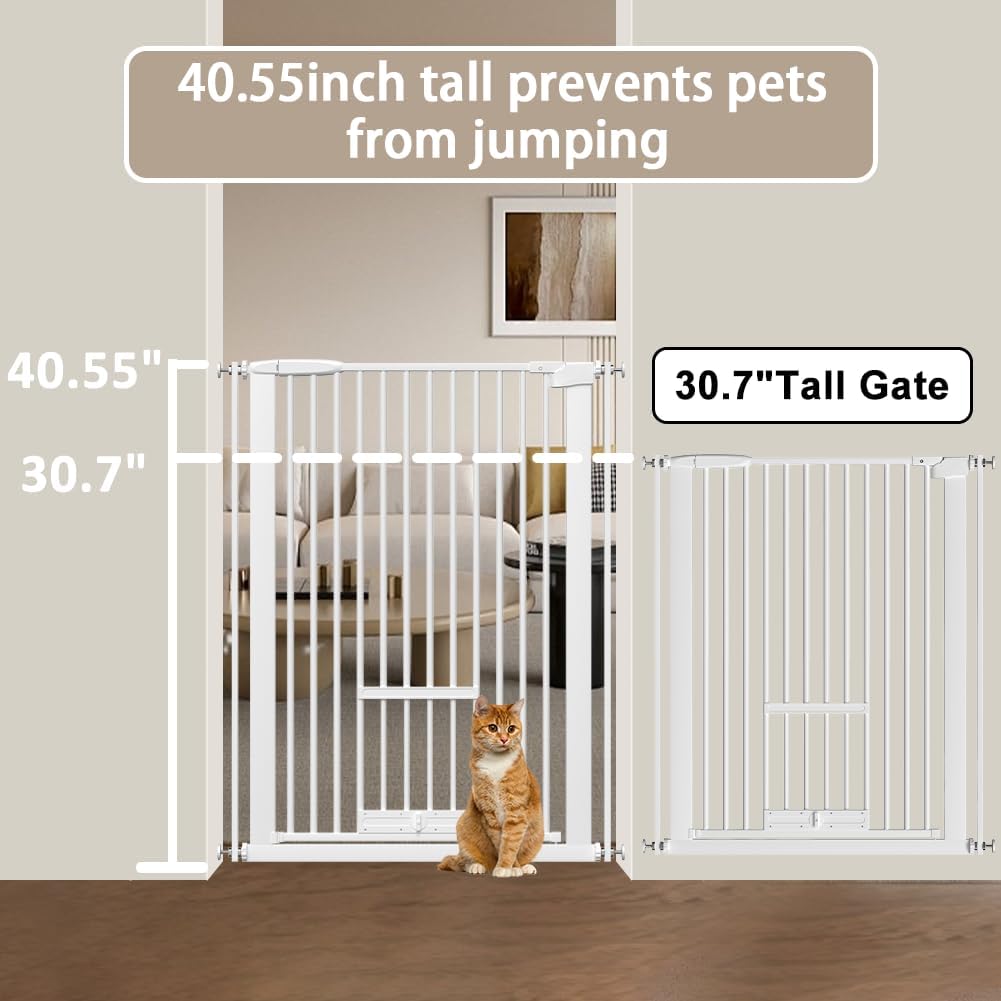 40.55" Tall 1.37" Ultra Narrow Spacing 30.12-45.87" Wide Dogs Pets Baby Gate with Cat Door for Doorway Safety Proof Indoor Puppy Pressure Mounted No Drill Black Metal Hallway