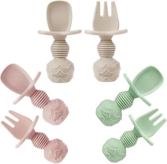 PandaEar 6 Pack Silicone Baby Spoons and Fork Feeding Set- Anti-Choke First Self Feeding Utensils for Baby Led Weaning Ages 3 Months (Pink, Green&Linen)
