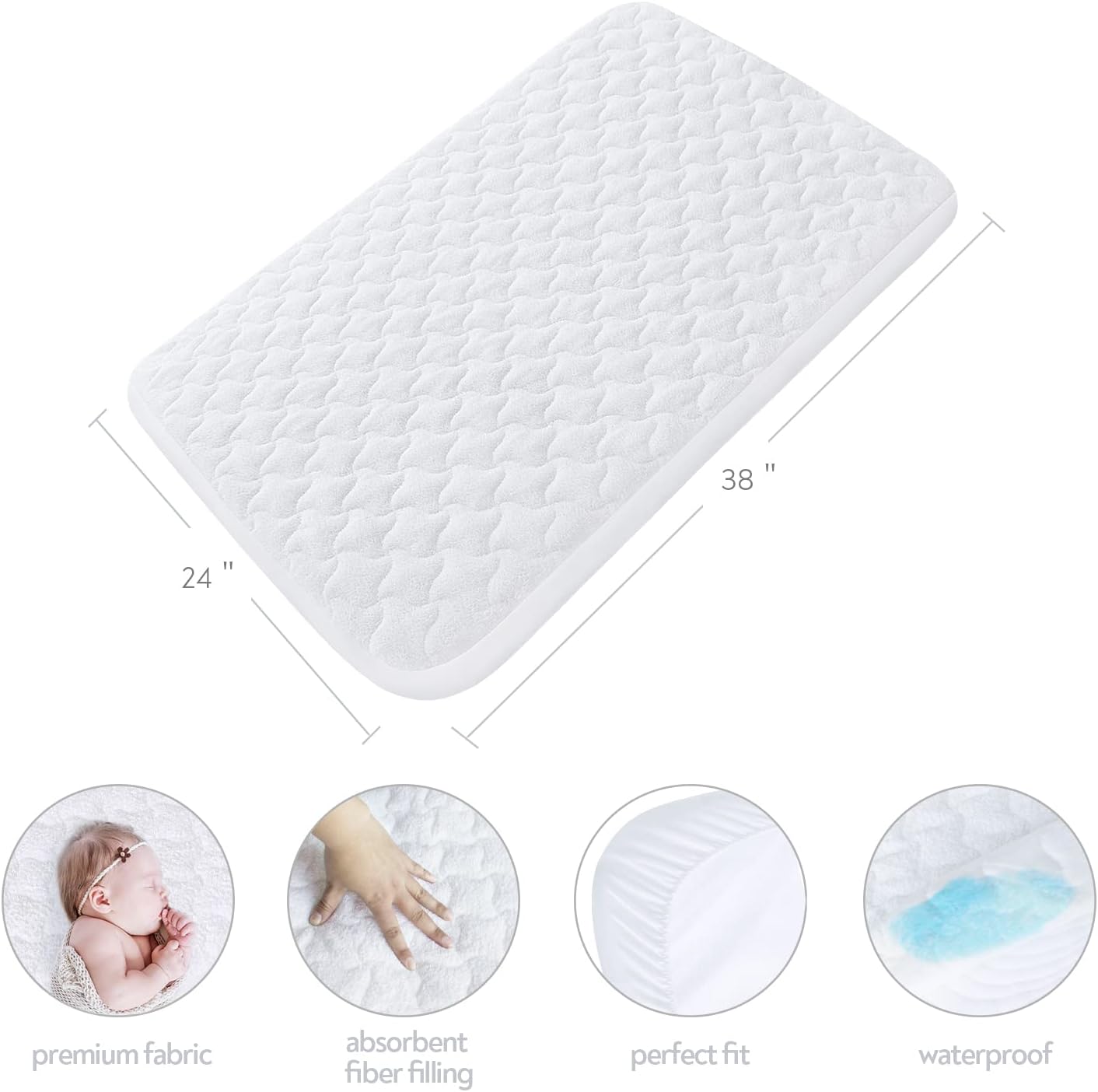 Mini Crib Mattress Protector Cover 38" x 24", 2 Pack Waterproof Mini Crib Mattress Pad Sheets for Babyletto, Dream On Me, Delta, Quilted Cotton Terry Surface