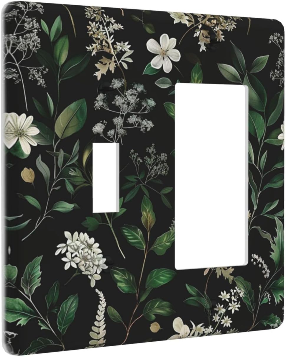 Decorative Outlet Covers Rustic Green Leaves White Flower 2 Gang 1 Gang Wall Plate Cover Single Toggle Rocker Combo Light Switch Cover Plate Face Plate for Country Bedroom Home Decor