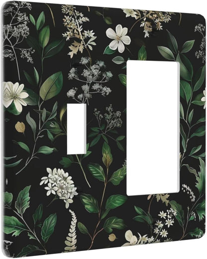 Decorative Outlet Covers Rustic Green Leaves White Flower 2 Gang 1 Gang Wall Plate Cover Single Toggle Rocker Combo Light Switch Cover Plate Face Plate for Country Bedroom Home Decor