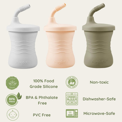 PandaEar Silicone Training Cup, 3 Pack Baby Drinking Sippy Cups with Straw for Baby and Toddler 6 Months+ (Brown/Pink/Gray)