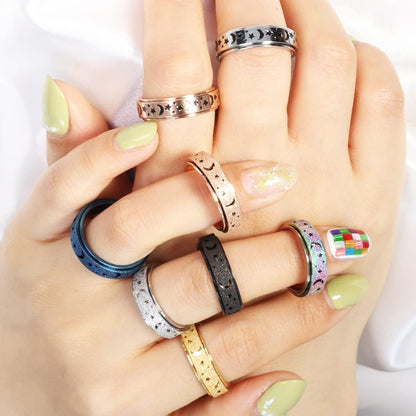 Anxiety Ring for Women Men, Titanium Stainless Steel Spinner Ring, 5 Colors, 6MM, Size 6-10, 3 Styles Anxiety Ring-Moon Star, Sandblasted Finished, Hollow Outer