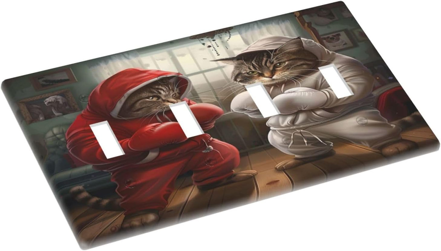 Decorative Switch Covers Plate Funny Red Boxing Cats White Tomcat 4 Gang Artistic Wall Plate Unique Quad Toggle Light Switch Plate Jumbo Faceplate for Bedroom Home Decor