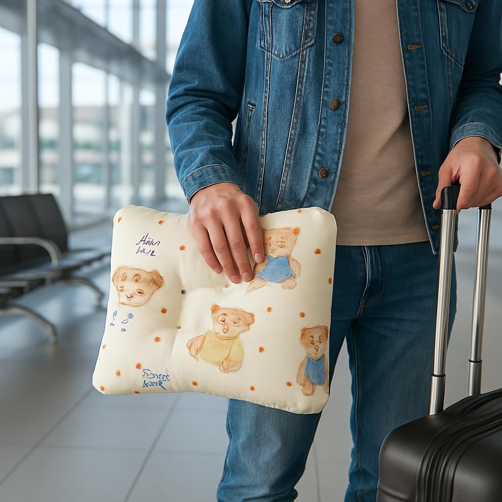 Unisex Pillow 13x9x2, Hypoallergenic Airmesh Breathable Cool 100% Cotton, Control Sweat, Ideal for Travel, Small, Car, Travel, MultiFunctual Small Decor Pillows (Teddy Design)