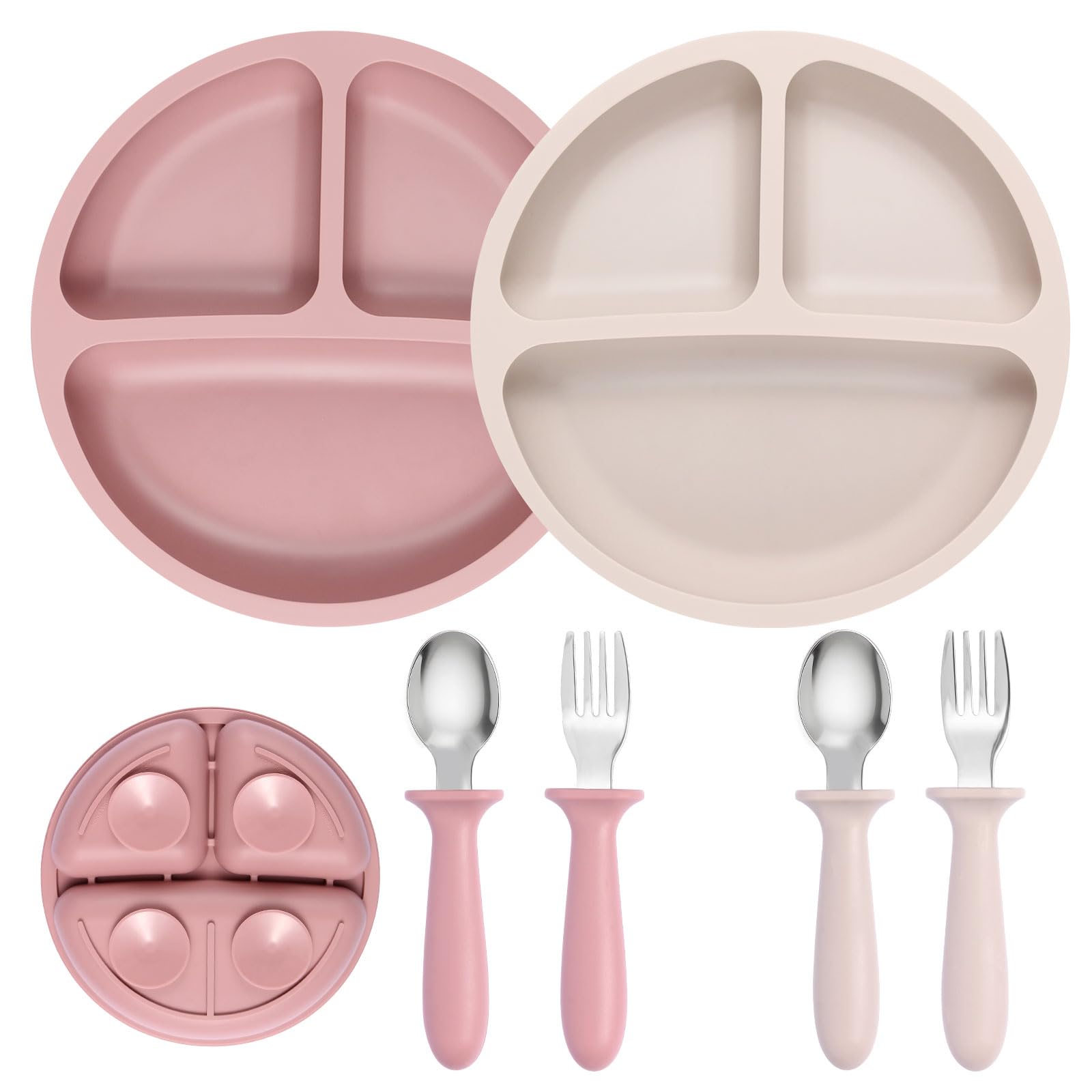 Eascrozn 2 Pack Silicone Baby Plates with Suction, Forks and Spoons Set