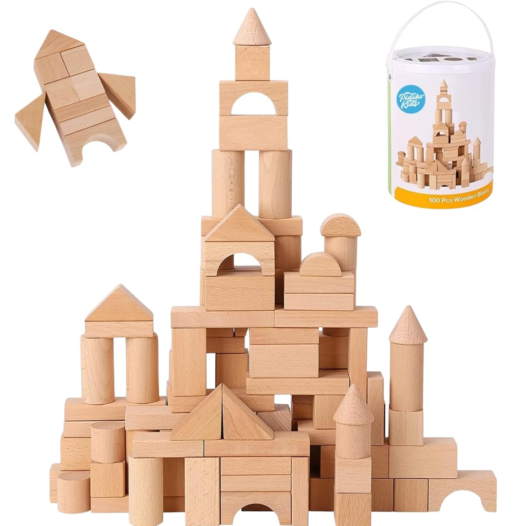 100 Pcs Wooden Blocks for Toddlers 1-3 Building Blocks for Kids