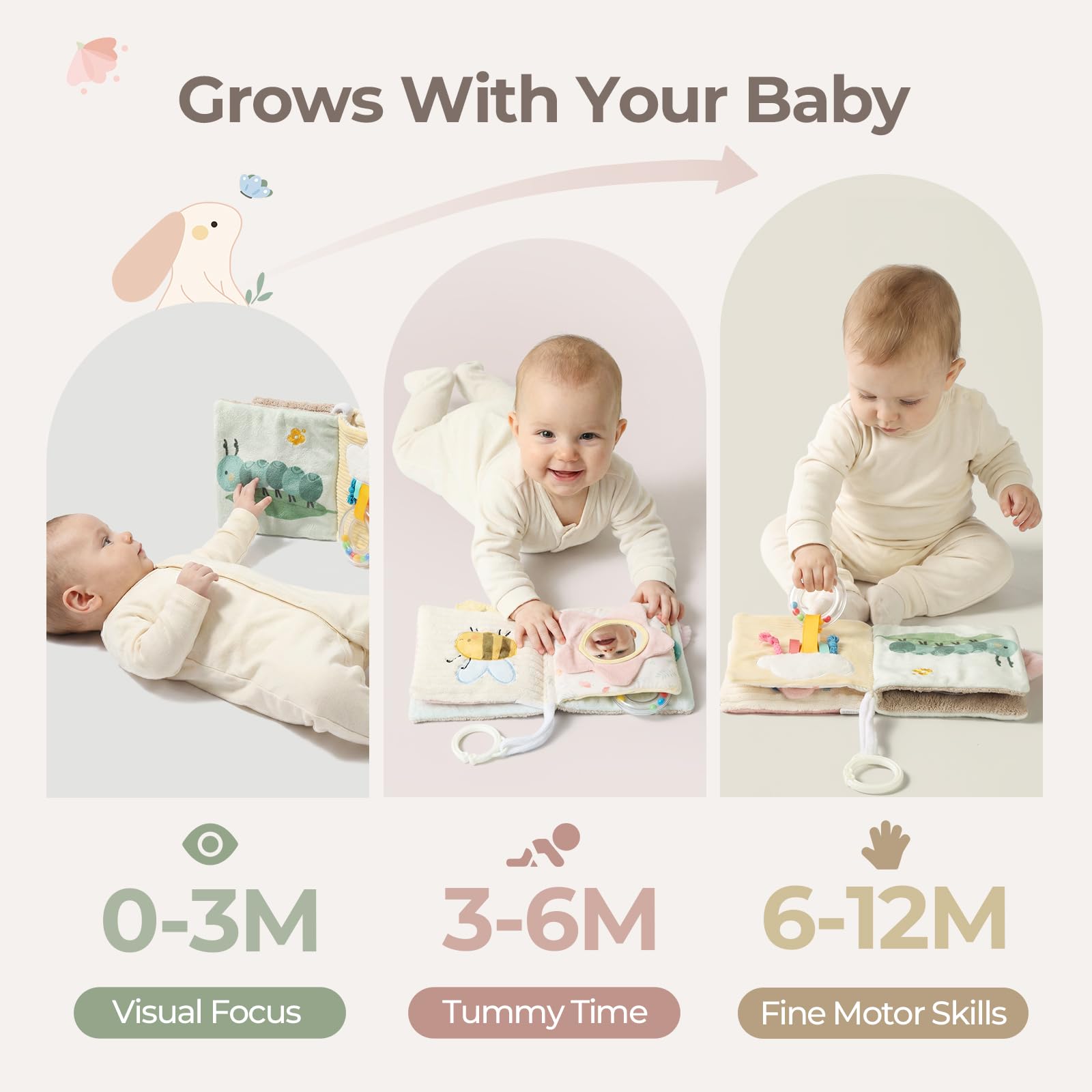 let's make Soft Baby Book, Sensory Crinkle Cloth Books for Babies 0-6 6-12 Months, Animal Tummy