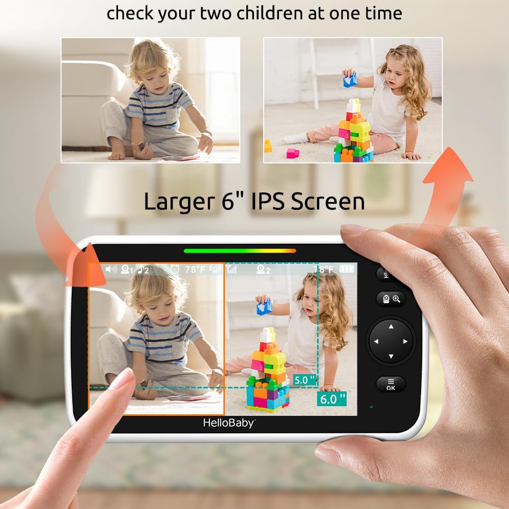 HelloBaby Baby Monitor 2 Cameras, 6'' World First IPS Split-Screen 30H Battery, No WiFi 2-Way Audio, Video, VOX, Double Cameras Pan-Tilt-Zoom, Night Vision, 8 Lullabies, 1000ft for Twins