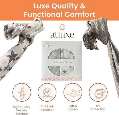 Premium Baby Swaddle Blanket - 2 Pack Muslin Swaddle Blankets Neutral, Softness Upgrade, Breathable 47''x47'' Nursery Wrap for Boys & Girls - Unisex, 70% Viscose from Bamboo, 30% Cotton (Gray)