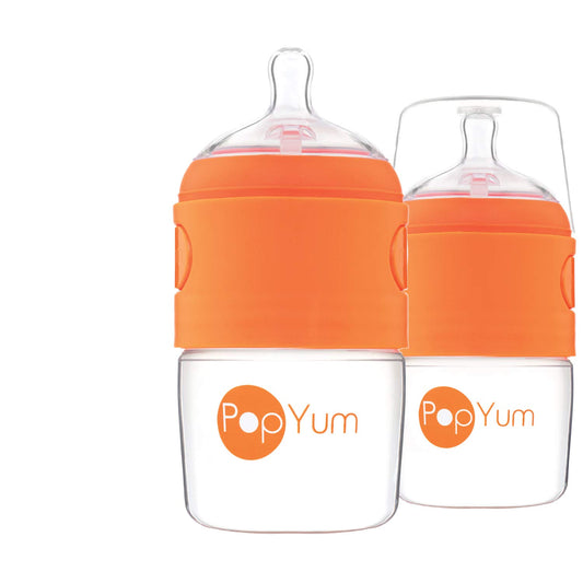 PopYum 5 oz Orange Anti-Colic Formula Making/Mixing/Dispenser Baby Bottles, 2-Pack with #1 Slow