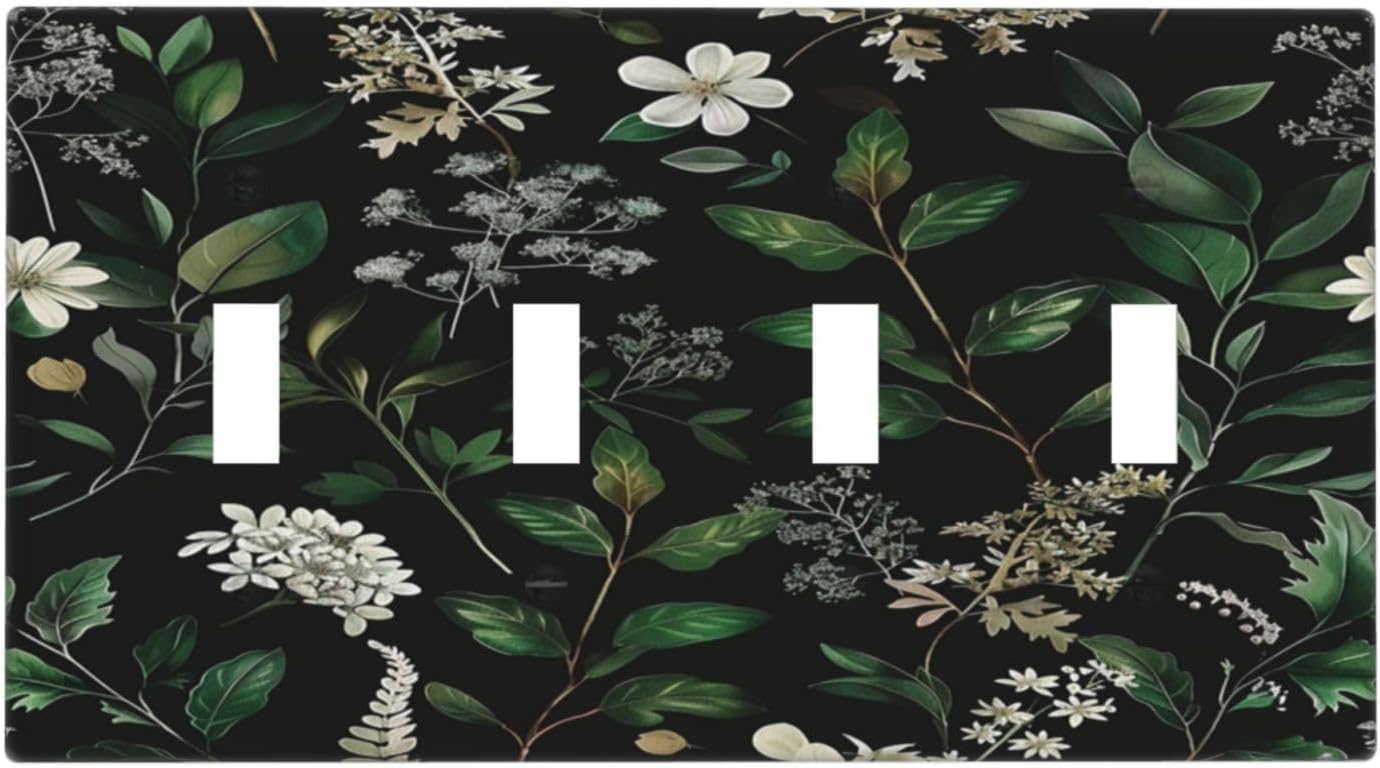 Decorative Switch Covers Plate Rustic Green Leaves White Flower 4 Gang Artistic Wall Plate Unique Quad Toggle Light Switch Plate Jumbo Faceplate for Country Bedroom Home Decor