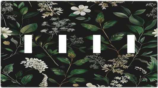 Decorative Switch Covers Plate Rustic Green Leaves White Flower 4 Gang Artistic Wall Plate Unique Quad Toggle Light Switch Plate Jumbo Faceplate for Country Bedroom Home Decor