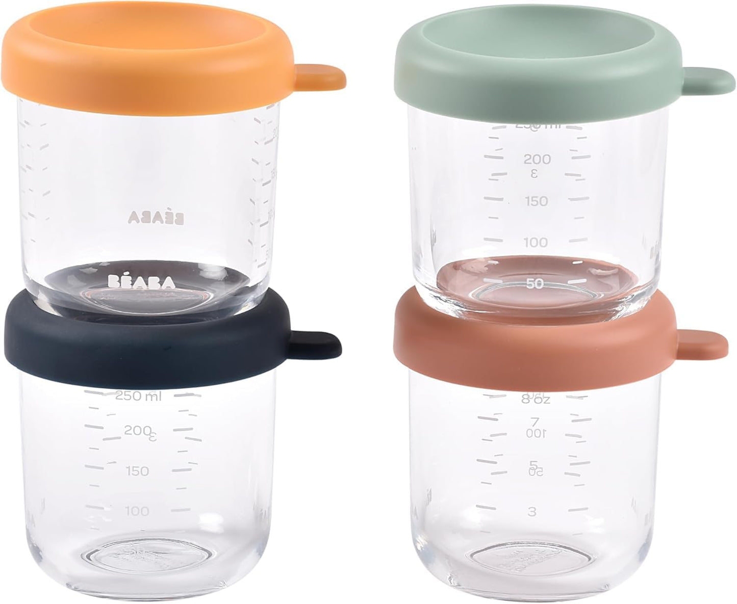 BEABA 4 Pack Glass Baby Food Jars with Soft Silicone Air Tight Lids, 8 oz Glass Storage Containers